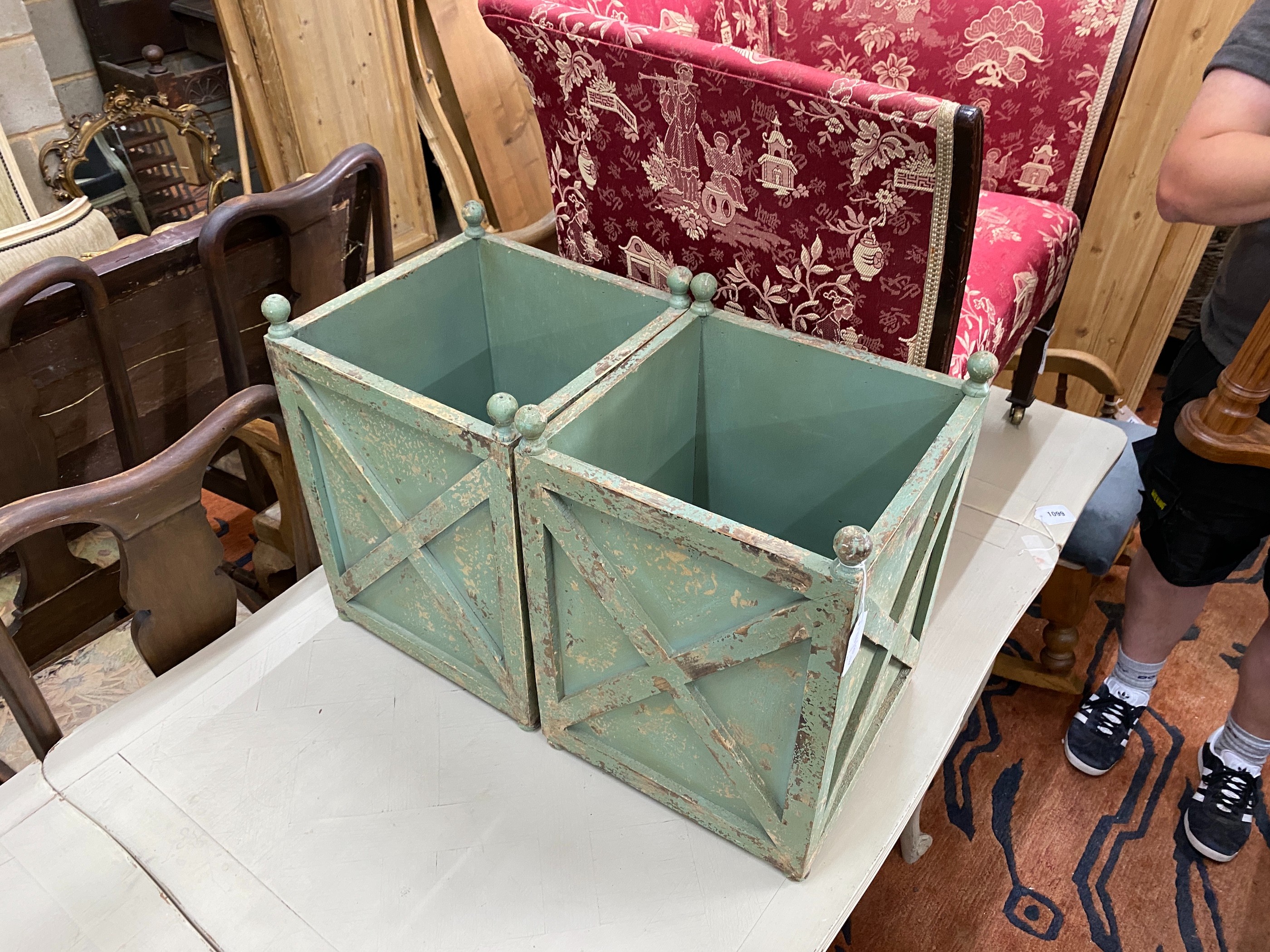 A pair of green painted square paper baskets, width 32cm, height 46cm